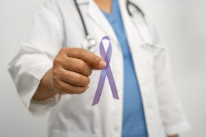 Asian woman doctor with purple ribbon, sign of Alzheimer disease day, Pancreatic cancer, Epilepsy